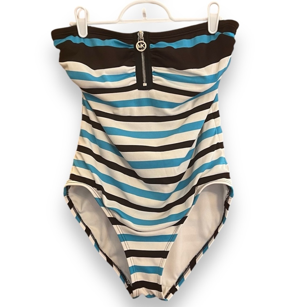 Michael Kors Striped Blue & Black One Piece Swimsuit with Zipper Front